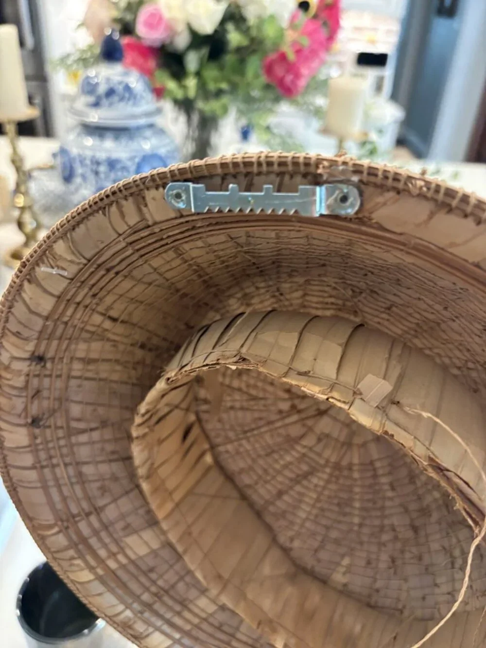 Vintage Handwoven Bamboo Conical Hat Boho Wall Decor Folk Art Woven Basket